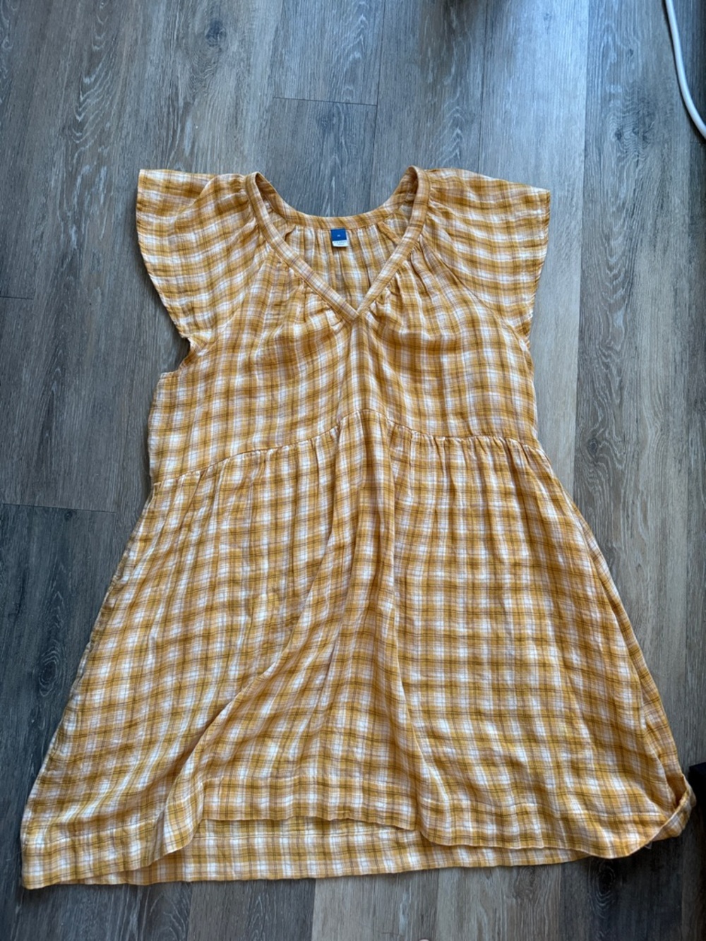 Old Navy Mustard Plaid V-Neck Flutter Sleeve Dress